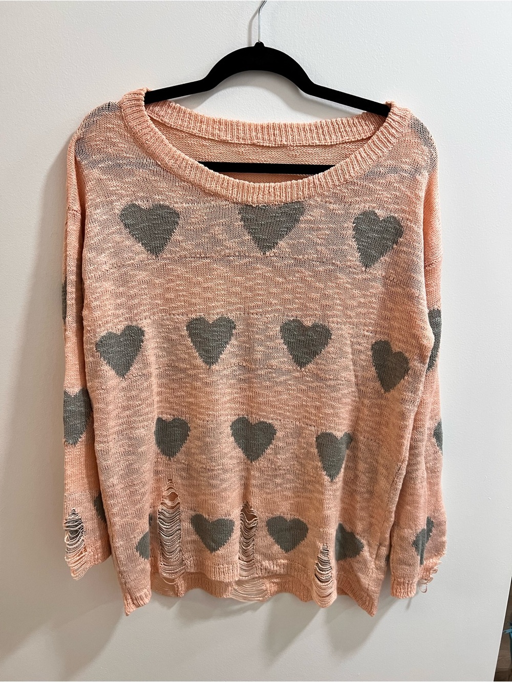 Lightweight Distressed Pink Heart-Print Scoop Neck Sweater - Picture 1 of 4